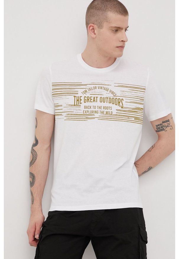 Tom Tailor t-shirt bawełniany kolor biały z nadrukiem. Kolor: biały. Materiał: bawełna. Wzór: nadruk