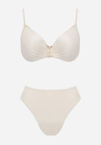 Born2be - Jasnobeżowe Bikini Majtki Figi i Biustonosz z Paskami i Perłową Aplikacją Cahresha. Kolor: beżowy. Wzór: aplikacja #4