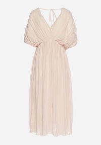 Born2be - Beżowa Sukienka Rozkloszowana z Wiązaniem na Szyi o Luźnym Kroju Napila. Okazja: na co dzień. Typ kołnierza: dekolt w kształcie V. Kolor: beżowy. Styl: klasyczny, casual, elegancki #7