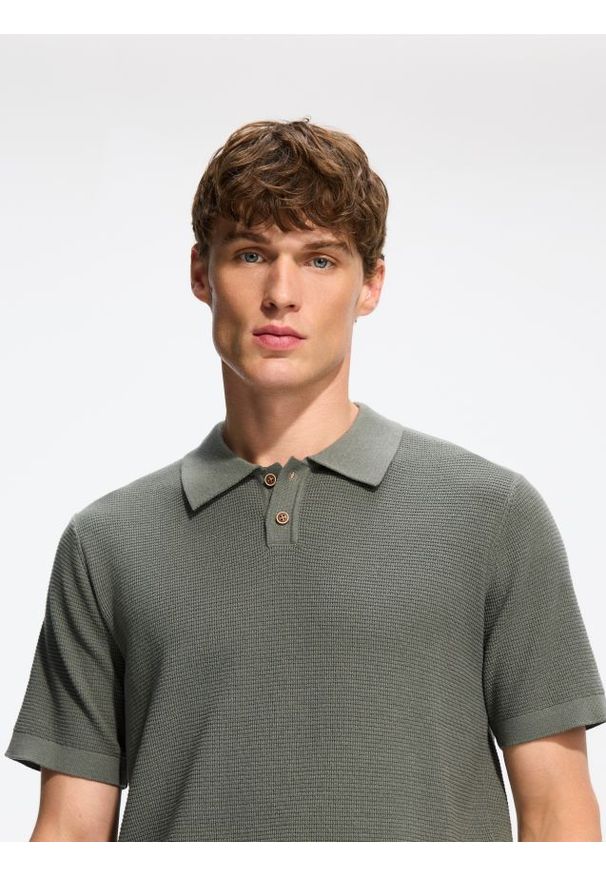 Reserved - Strukturalny sweter polo - jasny zielony. Typ kołnierza: polo. Kolor: zielony. Materiał: bawełna, dzianina