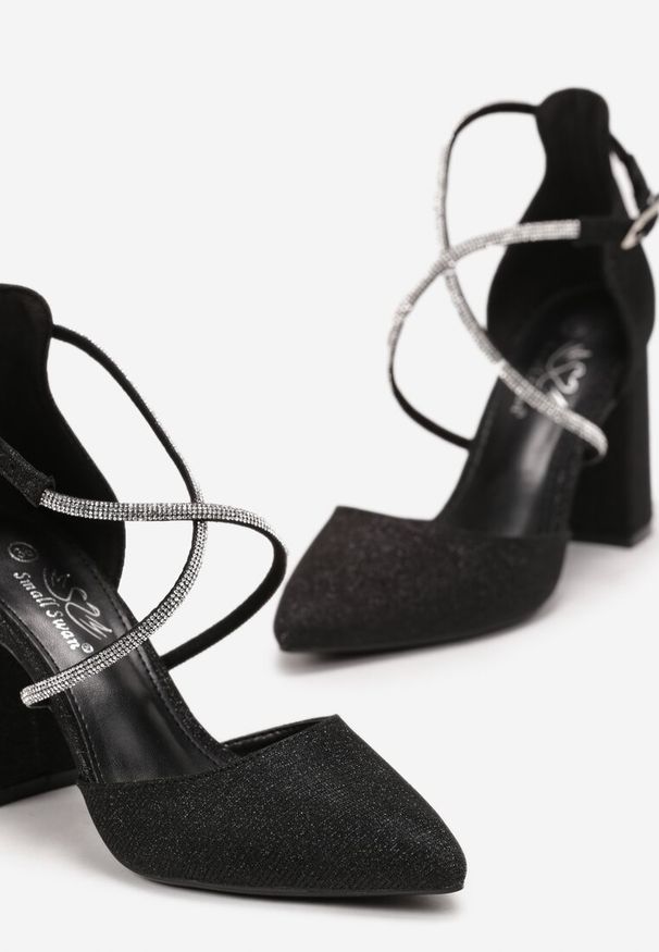 Renee - Czarne Czółenka z Brokatem na Słupku z Paskami w Cyrkonie Waleria. Okazja: na imprezę. Zapięcie: pasek. Kolor: czarny. Obcas: na słupku. Styl: glamour