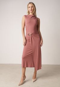 Born2be - Różowa Wizytowa Sukienka Taliowana z Metaliczną Ozdobą Aroos. Okazja: na co dzień. Kolor: różowy. Wzór: aplikacja. Typ sukienki: proste. Styl: wizytowy #1