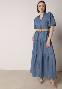 Born2be - Jasnoniebieska Sukienka Koszulowa z Wiskozą Bufiastymi Rękawami i Plecionym Paskiem Eriflara. Kolor: niebieski. Materiał: wiskoza. Wzór: ażurowy. Typ sukienki: koszulowe. Styl: elegancki, klasyczny #6