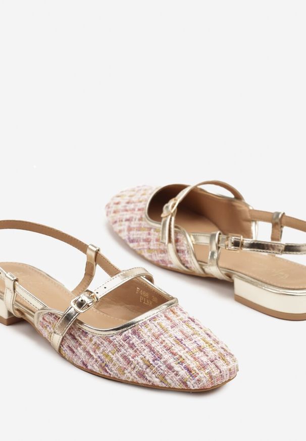 Renee - Różowo-Złote Tweedowe Sandały Typu Slingback Ellimirae. Okazja: na spotkanie biznesowe, na spacer. Zapięcie: sprzączka. Kolor: różowy. Sezon: lato. Styl: elegancki, biznesowy, klasyczny