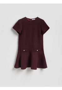 Reserved - Tweedowa sukienka mini - bordowy. Kolor: czerwony. Materiał: wełna, tkanina. Długość: mini