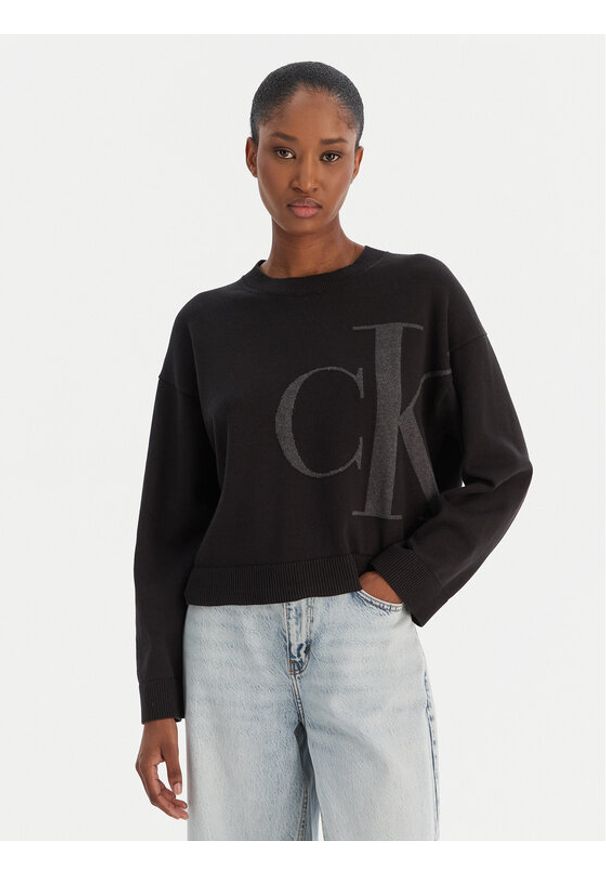 Calvin Klein Jeans Sweter Smooth LV047E304G Czarny Regular Fit. Kolor: czarny. Materiał: bawełna