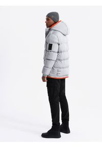Ombre Clothing - Sportowa ciepła męska kurtka z podwójnym kapturem – szara V3 - Rozmiar: L. Kolor: szary. Materiał: syntetyk, tkanina, poliester, materiał. Długość: długie. Wzór: aplikacja, nadruk, napisy. Styl: sportowy #5