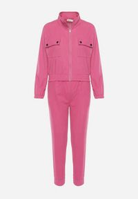 Born2be - Fuksjowy Komplet Dresowy z Prążkowanego Materiału Bluza z Kołnierzykiem i Spodnie z Gumką w Pasie Kerulla. Kolor: różowy. Materiał: dresówka, materiał, prążkowany #7