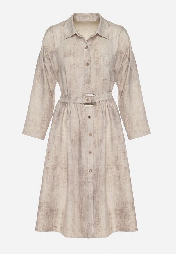 Born2be - Beżowa Sukienka o Koszulowym Kroju z Paskiem z Klamrą Evelmio. Okazja: na co dzień. Typ kołnierza: kołnierzyk klasyczny. Kolor: beżowy. Materiał: jeans. Długość rękawa: długi rękaw. Typ sukienki: koszulowe. Styl: elegancki, casual, klasyczny