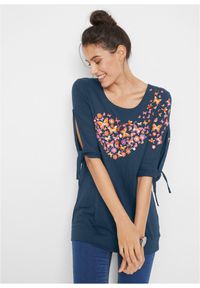 bonprix - Shirt bawełniany cold-shoulder, krótki rękaw. Kolor: niebieski. Materiał: bawełna. Długość rękawa: krótki rękaw. Długość: krótkie. Wzór: nadruk #1
