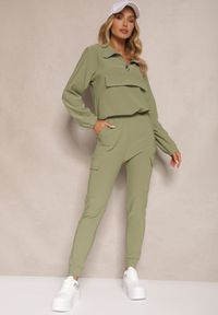 Renee - Zielony Komplet Dresowy Bluza z Suwakiem i Kołnierzem i Spodnie z Kieszeniami Cargo Taigena. Kolor: zielony. Materiał: dresówka