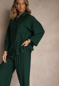 Renee - Ciemnozielony Wiskozowy Komplet Oversize Koszula i Spodnie Wide Leg Zierana. Kolor: zielony. Materiał: wiskoza #5