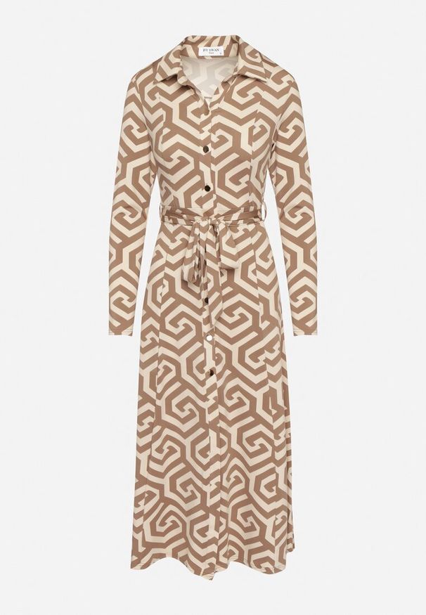 Born2be - Beżowa Koszulowa Sukienka z Wiskozą Paskiem i Geometrycznym Motywem Erislevia. Okazja: na co dzień, na spacer. Typ kołnierza: dekolt w kształcie V. Kolor: beżowy. Materiał: wiskoza. Długość rękawa: długi rękaw. Wzór: geometria. Typ sukienki: koszulowe. Styl: casual, elegancki, klasyczny