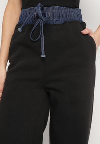 Born2be - Czarne Szerokie Spodnie z Bawełną Wysokim Stanem i Wstawką Imitującą Jeans Tannira. Stan: podwyższony. Kolor: czarny. Materiał: bawełna, jeans. Styl: klasyczny #3