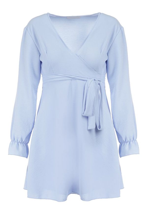 Born2be - Niebieska Sukienka Dyninca. Typ kołnierza: dekolt w kształcie V. Kolor: niebieski. Materiał: tkanina, materiał. Wzór: gładki. Typ sukienki: kopertowe. Styl: elegancki. Długość: mini