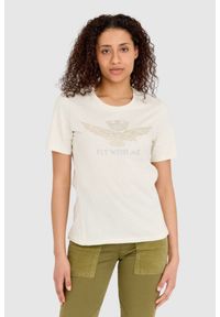 Aeronautica Militare - AERONAUTICA MILITARE Kremowy t-shirt damski z orłem wykonanym z dżetów. Kolor: kremowy. Materiał: bawełna