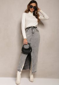 Renee - Szara Spódnica Jeansowa Maxi z Paskiem Mullese. Stan: podwyższony. Kolor: szary. Materiał: jeans. Styl: klasyczny #5
