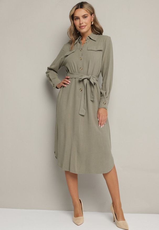 Born2be - Zielona Bawełniana Sukienka Koszulowa z Wiązanym Paskiem Zintrona. Okazja: na co dzień. Kolor: zielony. Materiał: bawełna. Typ sukienki: koszulowe. Styl: casual