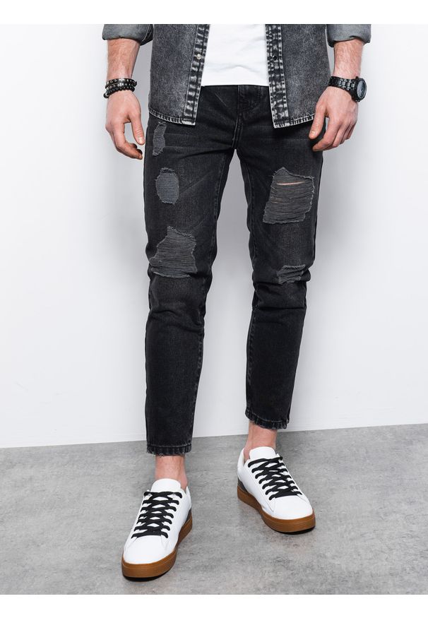 Ombre Clothing - Spodnie męskie jeansowe - czarne P1028 - XXL. Kolor: czarny. Materiał: jeans
