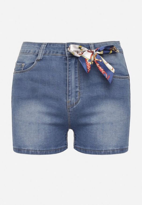Born2be - Niebieskie Szorty Jeansowe z Wysokim Stanem i Ozdobną Wstążką Quorpia. Okazja: na co dzień. Stan: podwyższony. Kolor: niebieski. Materiał: jeans. Styl: elegancki, casual