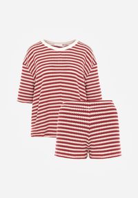 Born2be - Beżowo-Czerwony Komplet Bawełniany z Dzianiny Szorty i T-shirt o Luźnym Kroju w Paski Proseltte. Kolor: beżowy. Materiał: bawełna, dzianina. Wzór: paski #2