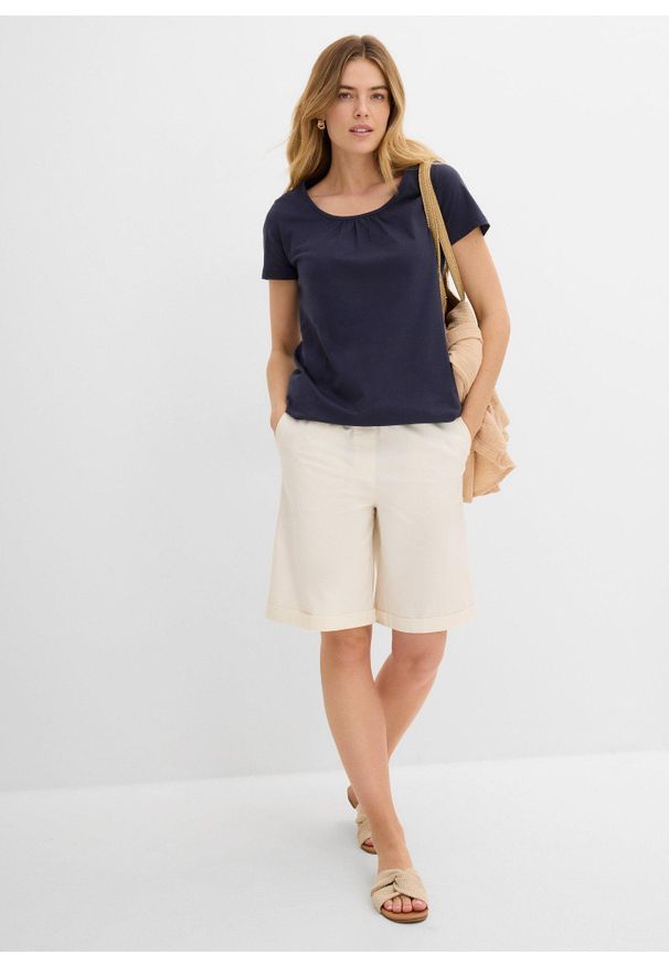 bonprix - T-shirt z czystej bawełny, krótki rękaw. Kolor: niebieski. Materiał: bawełna. Długość rękawa: krótki rękaw. Długość: krótkie