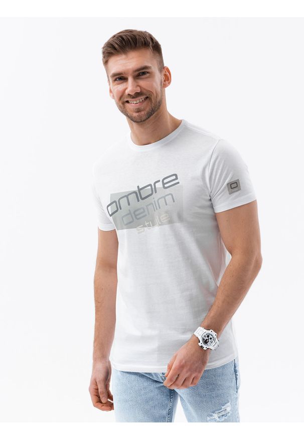 Ombre Clothing - T-shirt męski bawełniany z nadrukiem - biały V1. Kolor: biały. Materiał: bawełna. Długość rękawa: krótki rękaw. Długość: krótkie. Wzór: nadruk. Styl: klasyczny