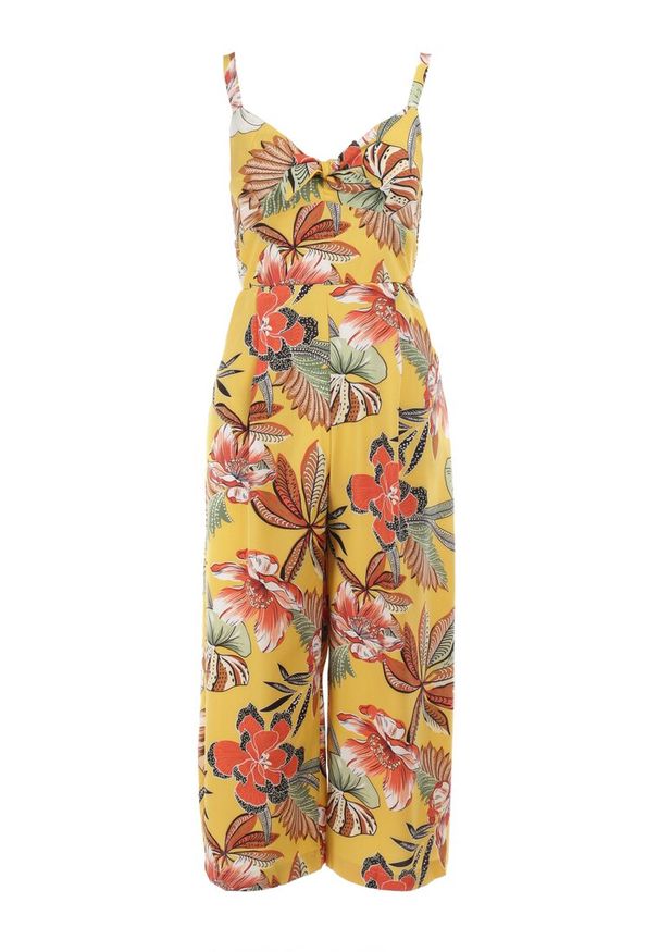 Born2be - Żółty Kombinezon Kalonice. Kolor: żółty. Długość rękawa: na ramiączkach. Długość: długie. Wzór: aplikacja, kolorowy, kwiaty. Sezon: lato