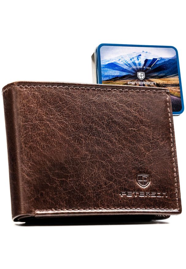 Brązowy portfel męski ze skóry naturalnej wyposażony w system RFID - Peterson. Kolor: brązowy. Materiał: skóra