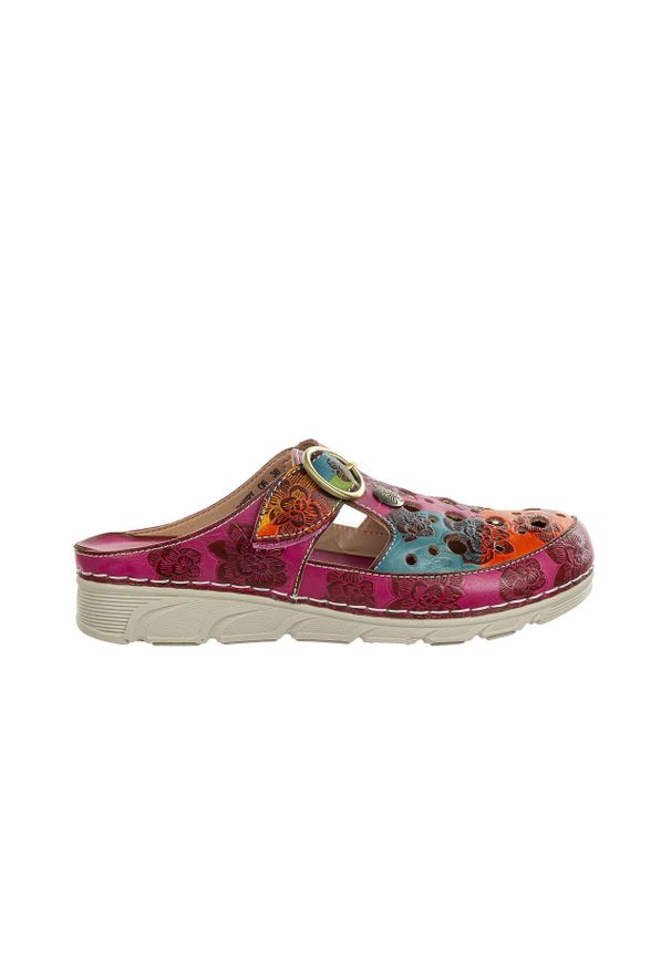 Klapki Laura Vita Dorry 08 Fushia 202040, Różowy, Skóra naturalna - 38. Kolor: różowy. Materiał: skóra. Wzór: ażurowy, aplikacja, kolorowy. Obcas: na obcasie. Styl: elegancki. Wysokość obcasa: średni