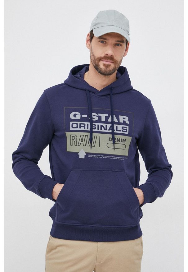 G-Star RAW - G-Star Raw Bluza męska z kapturem z nadrukiem. Okazja: na co dzień. Typ kołnierza: kaptur. Kolor: niebieski. Materiał: dzianina, poliester. Wzór: nadruk. Styl: casual