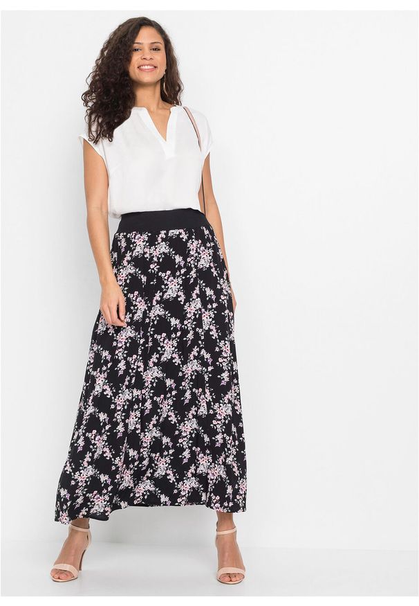 Spódnica maxi bonprix czarno-jasnoróżowy w kwiaty. Kolor: czarny. Materiał: bawełna, wiskoza, materiał. Długość: długie. Wzór: kwiaty
