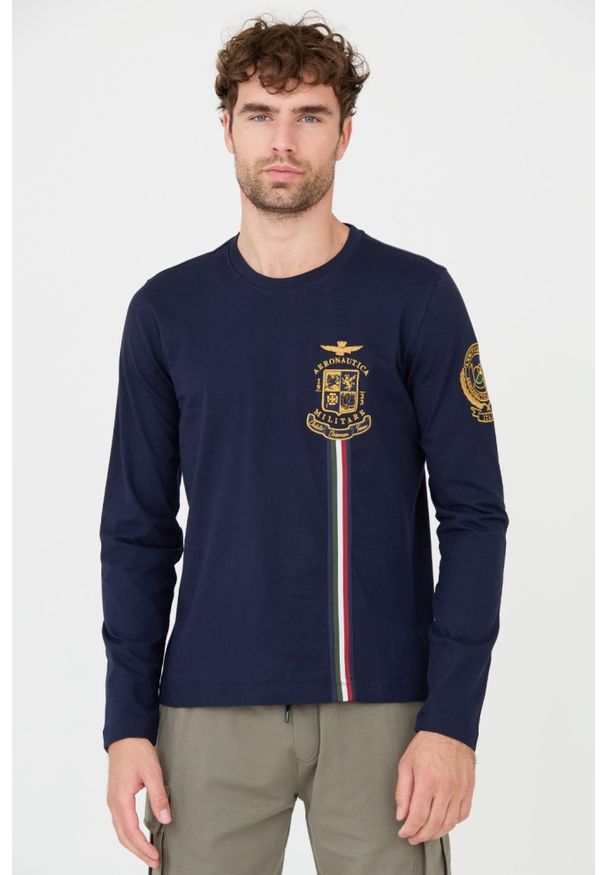 Aeronautica Militare - AERONAUTICA MILITARE Granatowy męski bawełniany longsleeve, Rozmiar XL. Kolor: niebieski. Materiał: bawełna. Długość rękawa: długi rękaw