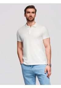 Ombre Clothing - Polo koszulka z bawełnianej dzianiny pique – ecru V7 - Rozmiar: S. Okazja: na co dzień. Typ kołnierza: polo. Materiał: bawełna, dzianina. Długość rękawa: krótki rękaw. Długość: krótkie. Wzór: haft. Styl: casual, elegancki #4