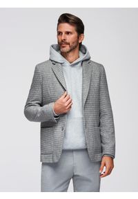 Ombre Clothing - Marynarka męska w kratę z dodatkiem wełny - szara V1 - Rozmiar: S. Kolor: szary. Materiał: wełna