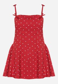 Born2be - Czerwona Sukienka Vices w Grochy o Rozkloszowanym Kroju z Wiązaniem na Ramiączkach Saririse. Okazja: na wesele, na ślub cywilny. Typ kołnierza: dekolt gorset, dekolt kwadratowy. Kolor: czerwony. Długość rękawa: na ramiączkach. Wzór: grochy. Typ sukienki: gorsetowe #3