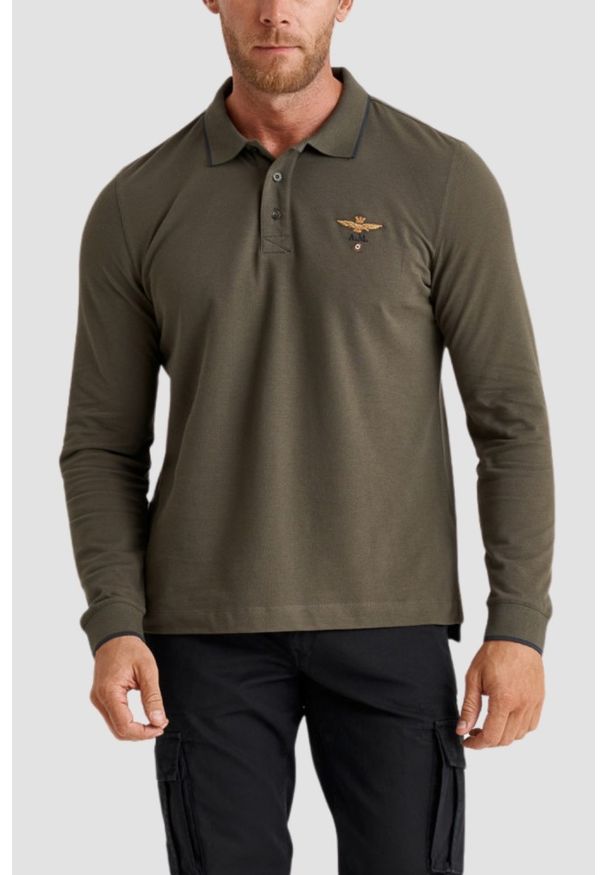 Aeronautica Militare - AERONAUTICA MILITARE Zielony męski longsleeve polo Piqué, Rozmiar XXL. Typ kołnierza: polo. Kolor: zielony. Długość rękawa: długi rękaw
