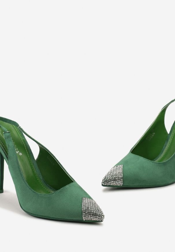 Born2be - Zielone Sandały na Szpilce z Wiązaniem wokół Łydki i Noskiem z Cyrkoniami Fidodia. Kolor: zielony. Obcas: na szpilce