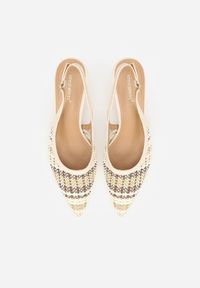 Renee - Beżowe Sandały z Plecionym Motywem Tibindel. Okazja: na imprezę. Zapięcie: sprzączka. Kolor: beżowy. Materiał: jeans. Obcas: na obcasie. Styl: elegancki. Wysokość obcasa: średni #6