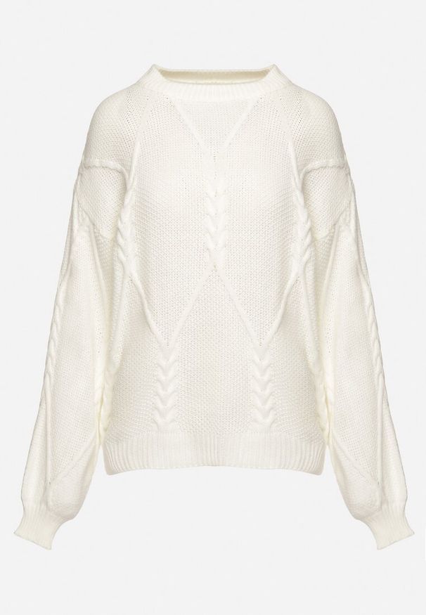 Born2be - Jasnobeżowy Sweter Ozdobiony Ściągaczami i Splotem Temirene. Okazja: na co dzień. Kolor: beżowy. Materiał: dzianina, jeans. Wzór: aplikacja, ze splotem. Styl: casual