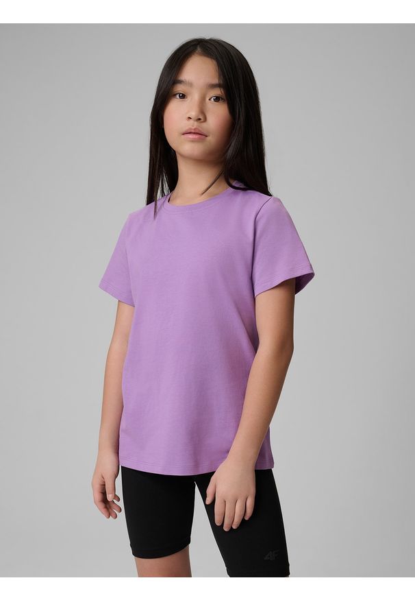 4f - 4F T-shirt regular gładki dziewczęcy - fioletowy 152 (11-12 lat). Okazja: na co dzień, na uczelnię, na spacer. Kolor: fioletowy. Materiał: skóra, jersey, dzianina, materiał, bawełna. Wzór: gładki. Sezon: lato. Styl: casual, klasyczny