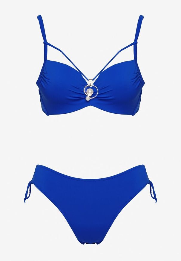 Born2be - Niebieskie Bikini Biustonosz z Aplikacją i Majtki Figi ze Ściągaczami Ulosella. Kolor: niebieski. Wzór: aplikacja