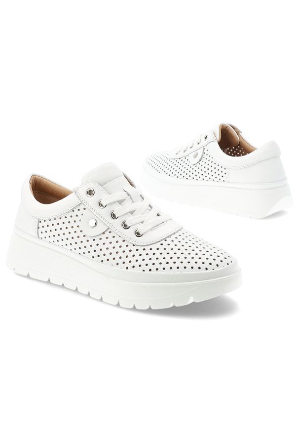 Półbuty damskie Vinceza, cholewka ze skóry naturalnej licowej z perforacją wiązanie z przodu metalowe oczka z zabudowanym przodem, białe, 79629. Kolor: biały. Materiał: skóra. Szerokość cholewki: normalna