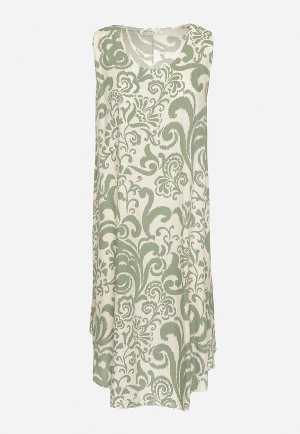 Born2be - Zielona Bawełniana Sukienka ze Wzorem Paisley Zirelia. Okazja: na co dzień. Typ kołnierza: dekolt w serek. Kolor: zielony. Materiał: bawełna. Wzór: paisley. Sezon: lato. Styl: casual