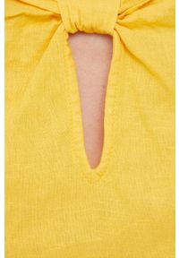 Sisley bluzka lniana damska kolor żółty gładka. Okazja: na co dzień. Kolor: żółty. Materiał: len. Długość rękawa: krótki rękaw. Długość: krótkie. Wzór: gładki. Styl: casual