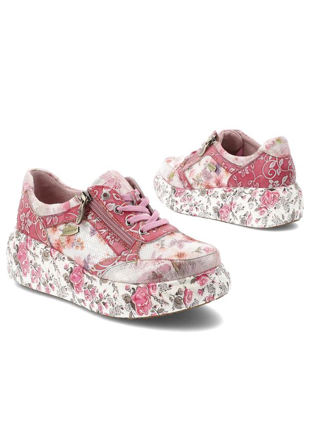 Sneakersy damskie Laura Vita, ze skóry naturalnej na solidnej podeszwie z klasycznym sznurowaniem, różowe, 51 SL26803B-51B. Okazja: na co dzień. Zapięcie: sznurówki. Kolor: różowy. Materiał: skóra. Wzór: kwiaty, nadruk. Styl: klasyczny