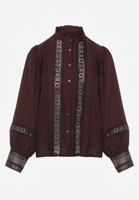 Born2be - Brązowa Koszula ze Stójką i Koronką Argochis. Typ kołnierza: kołnierzyk stójkowy. Kolor: brązowy. Materiał: koronka. Wzór: koronka #2