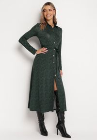 Born2be - Ciemnozielona Rozkloszowana Sukienka Koszulowa z Wiązanym Paskiem Cheresin. Kolor: zielony. Materiał: materiał. Typ sukienki: koszulowe. Długość: midi #5