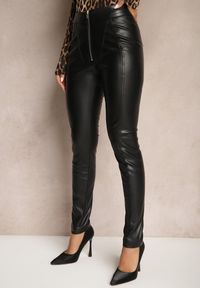 Renee - Czarne Spodnie High Waist z Ekoskóry z Ozdobnym Suwakiem i Ociepleniem Ilanilith. Okazja: na co dzień. Stan: podwyższony. Kolor: czarny. Styl: elegancki, casual