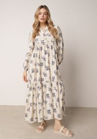 Born2be - Jasnobeżowa Rozkloszowana Sukienka z Wiskozy z Dekoltem na Guziki Watesa. Okazja: na co dzień. Kolor: beżowy. Materiał: wiskoza. Typ sukienki: rozkloszowane, proste. Styl: boho, casual #1